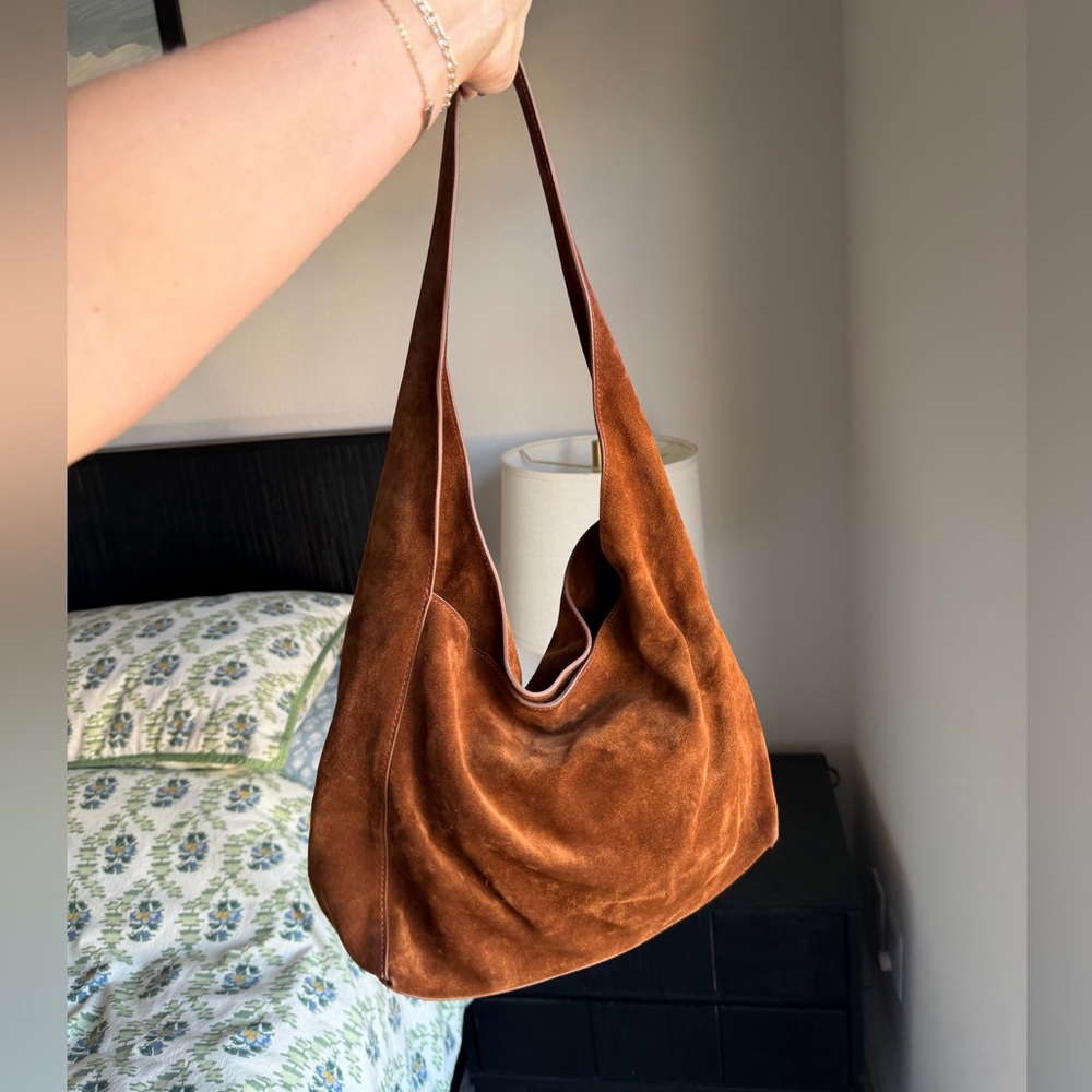 Quince Italian Suede Slouchy Shoulder Bag in Whiskey - Picture 6 of 16